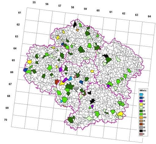 Záznamy z let 2001 - 2017 na jednotlivých katastrálních územích v Kraji Vysočina.