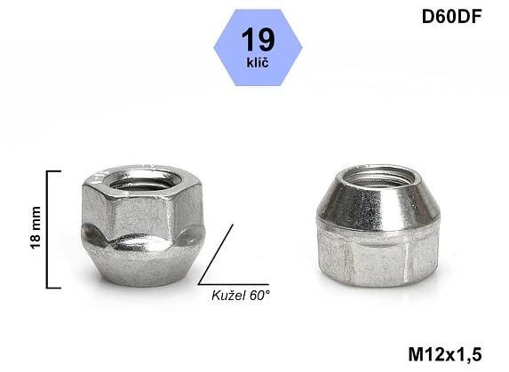 Kolová matice M12x1,5 kužel otevřená, klíč 19, D60DF, DE30/S, FORD, VOLVO výška 18 - SHELLERS