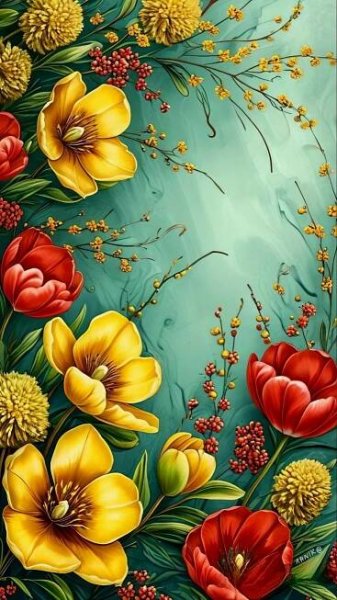 a painting of flowers on a green background with red, yellow and white flowers in the center