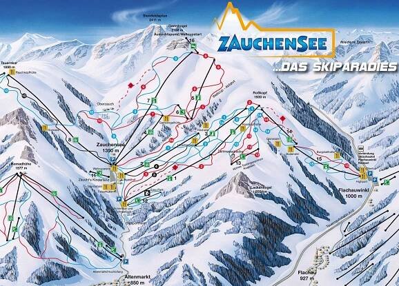 Zauchensee - Flachauwinkl - lyžařská mapa, skimapa sjezdovek a lanovek, zimní panorama ski areálu