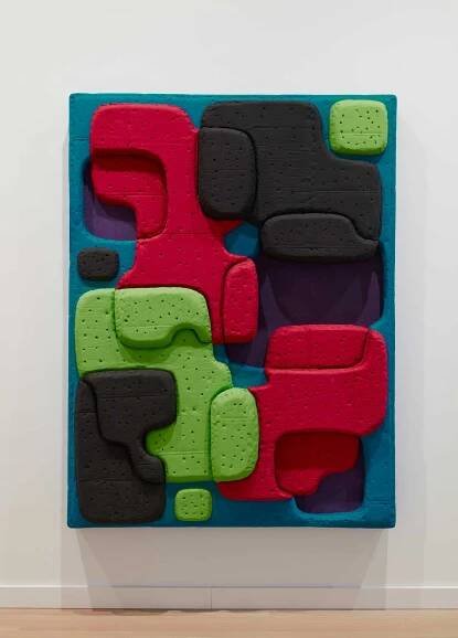 Guy Goodwin, Mattress World: Lime Lime, 2021. Acrylic, cardboard, glue, tempera, and wood, 72 x 53 x 6 inches. Courtesy the Milton Resnick and Pat Passlof Foundation, New York.© Jason Wyche 2021.