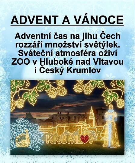 JIŽNÍ ČECHY: Adventní čas na rozzáří množství světýlek. Sváteční atmosféra oživí Zoo v Hluboké nad Vltavou i Český KrumlovZa krásnější Vimperk