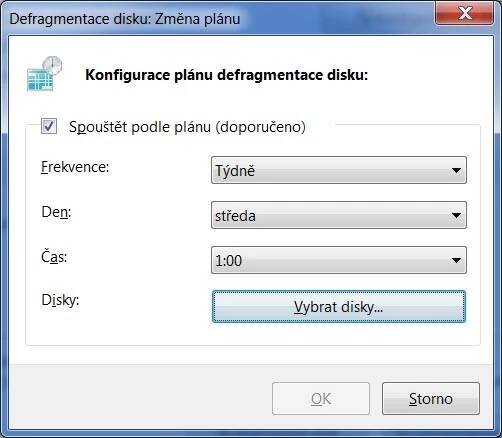 nabídka Defragmentace disku: Změna plánu