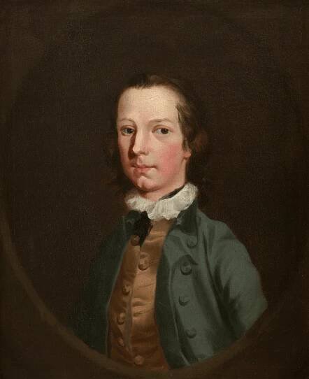 Portrait of a boy by Richard Wilson (RA), the sitter wears a green coat, white ruff and brown waistcoat against a black background