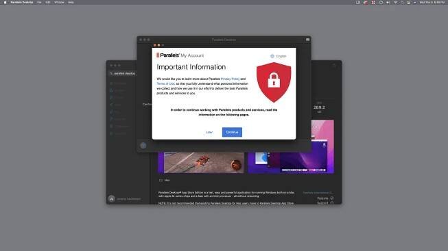 Continue highlighted in Parallels Desktop.