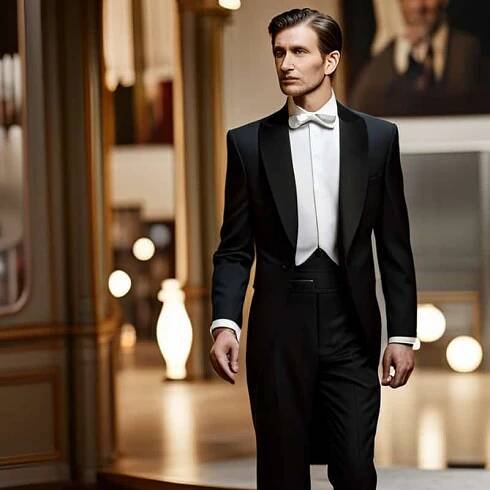 a man wearing a tuxedo and white bow tie