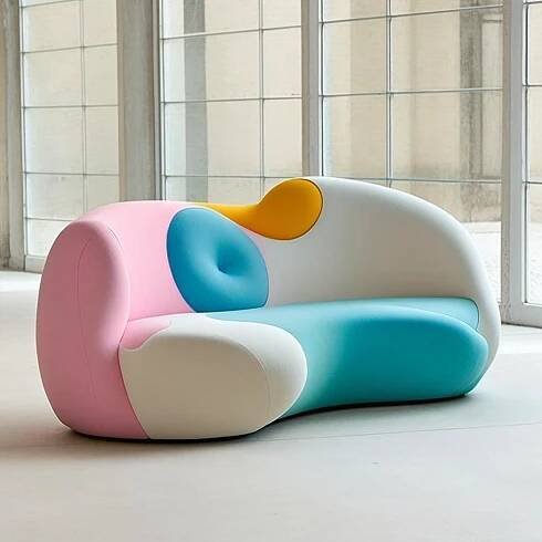 a colorful couch sitting in front of a window next to a white chair with blue, pink and yellow cushions