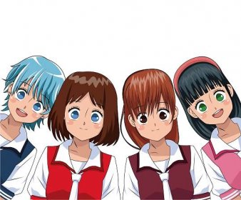 An illustration of four young anime women chracters standing in a row and smiling.