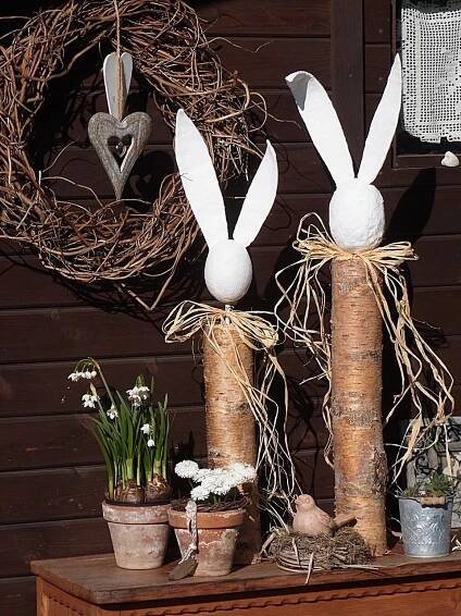 Hasen aus Birkenstämme und Gipskopf/ohren | Basteln frühling ostern, Ostern geschenke basteln, Osterdeko