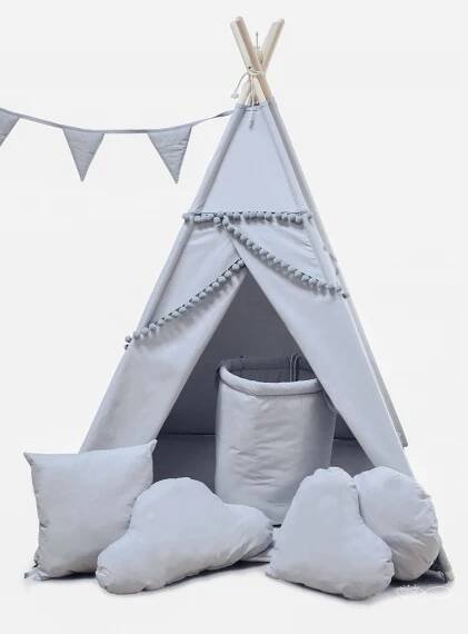 Teepee pro děti s příslušenstvím ŠEDÝ s bambulkama