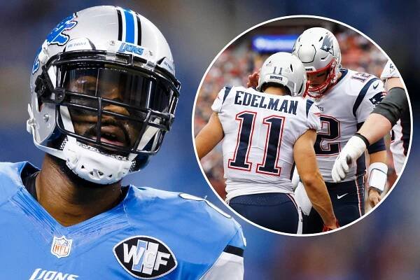 Calvin Johnson next to Julian Edelman and Tom Brady, who play for the New England Patriots.