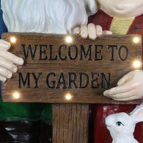Solar Pastel Garden Gnome Couple with LED Welcome Sign Statuary, 15 by 23 Inches