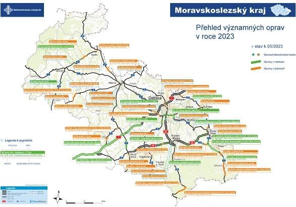 Mapa významných oprav Správy Ostrava (květen 2023) - Ředitelství silnic a dálnic s. p. pro Moravskoslezský kraj