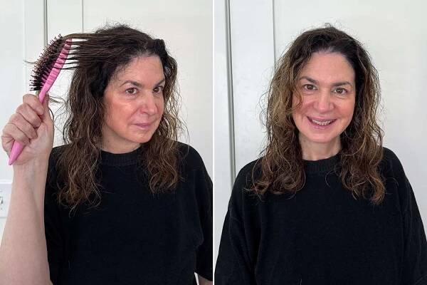 An image of a person brushing their hair with the Bounce Curl Define EdgeLift Brush Bounce Curl Define EdgeLift Brush next to an image of their hair after styling