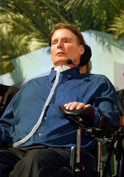 Christopher Reeve in a blue shirt in October 2000.