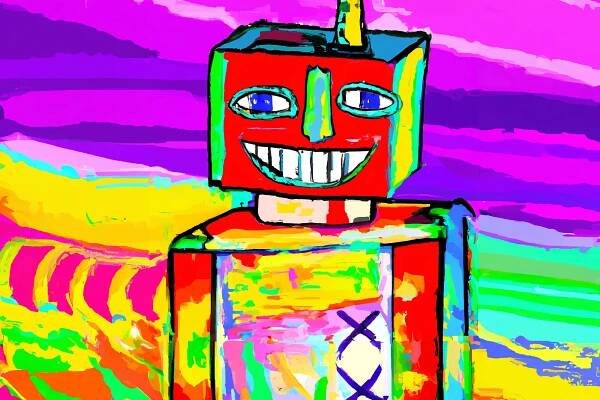 Barevná malba smějícího se robota, kterou vytvořil Dall-E.