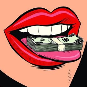 Peníze dolary ženský jazyk ústa. kresba kresleného komiksu pop art retro vektorové ilustrace — Ilustrace
