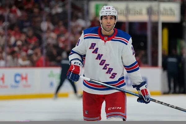 Matthew Robertson looks on during the Rangers' 5-3 win over the Panthers on April 14, 2025, his NHL debut.