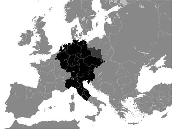 Černá plochá mapa Svaté říše římské (rok 1004) uvnitř šedé mapy Evropy — Ilustrace