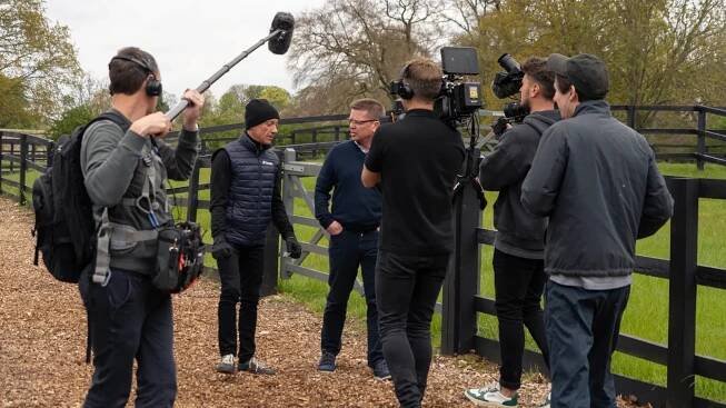 L-R-Sound-Recordist-James-Cocksedge,-Frankie-Dettori,-Jason-Weaver,-MIles-Massey-DOP,-Charlie-Delahunt-Camera-Operator-and-Will-OSullivan-Director