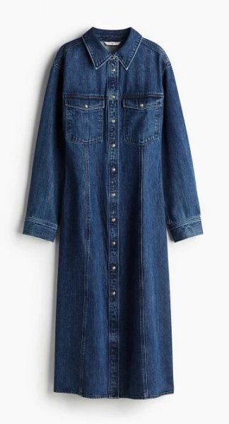 Můžete se manželkou prezidenta inspirovat a pořídit si podobný model. Džínové maxi šaty jsou totiž současným módním hitem. (H&M, 1 069 Kč)