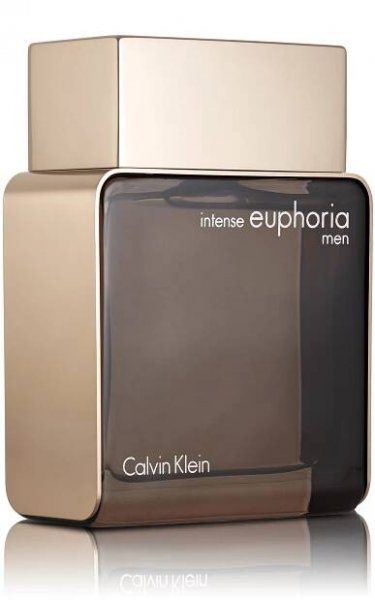 an e-commerce photograph of a cologne bottle with bronze top and sides and glass front and back with reflection on white