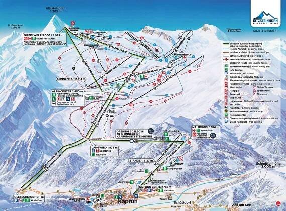 Kaprun - Kitzsteinhorn - lyžařská mapa, skimapa sjezdovek a lanovek, zimní panorama ski areálu