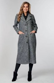 Dlouhý šedý dámský kabát s fazonou a kapsami 7672
