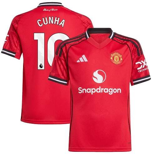 Manchester United adidas Home Shirt 2025-26 - Kids with Cunha 10 printing