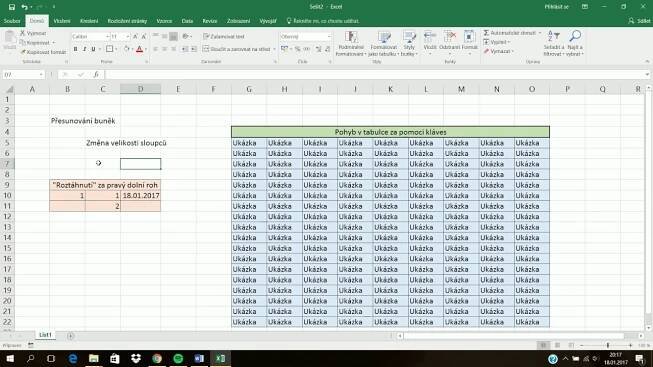 Excel - Základy změna velikosti sloupců, přesouvání buněk, pohyb pomocí kláves