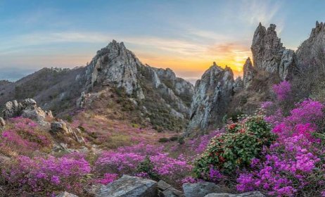 příroda, jaro, Korea, Південна Корея, foto, Jaeyoun Ryu, gori, скелі, Схід сонця, цвітіння