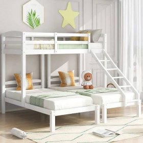Patrová postel Merax 90x200 cm s žebříkem a roštovým rámem, trojlůžko, dětská postel s ochranou proti vypadnutí, borovicová patrová postel, podkrovní postel pro 3 děti, bílá