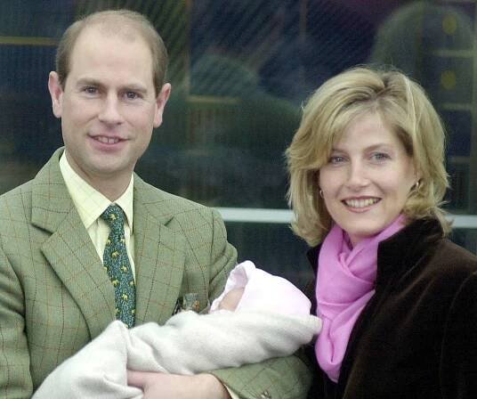 Prince Edward and Duchess Sophie pose for a photograph with baby Louise on November 23, 2003, 15 days after the harrowing the birth