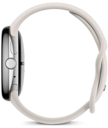 Vue latérale d'une Google Pixel Watch 3 de 45 mm avec boîtier en aluminium couleur Argent Poli / bracelet sport couleur Porcelaine