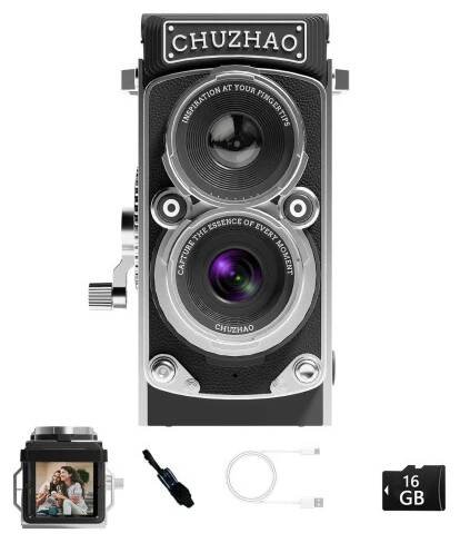CHUZHAO Retro mini digitální fotoaparát, 1080p Full HD video, 12MP automatické zaostřování, Point and Shoot s 16GB paměťov...