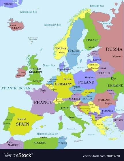 a map of europe with all the major cities and their names in english, french, and
