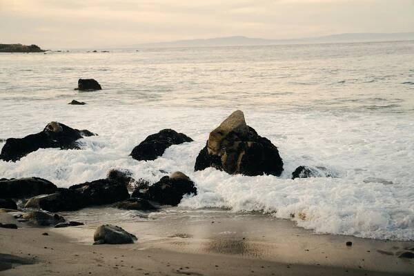 A wave is crashing on a rock on the beach at Lover's Point Park.