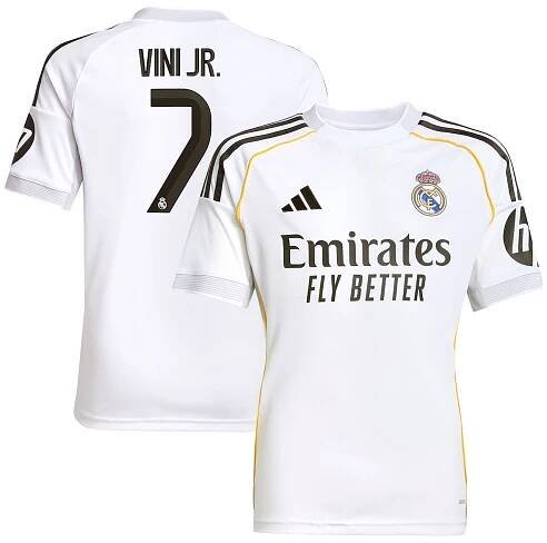 Real Madrid adidas Home Shirt 2025-26 - Kids with Vini Jr. 7 printing