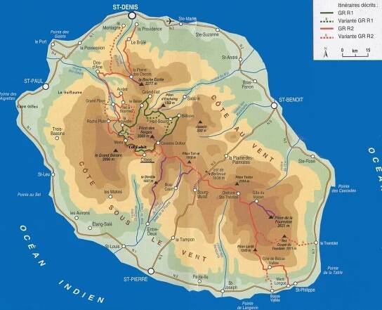 Mapa Réunion Trek GR1 GR2