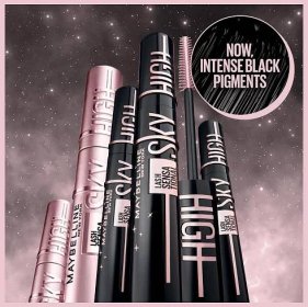 Image 1, now intense black pigments, Image 2, flex tower brush, Image 3, lash impact from every angle, Image 4, Sky high, day night duo