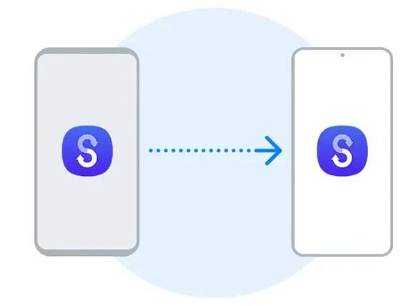 Zobrazují se dva smartphony. Na obou se objevuje ikona aplikace Smart Switch. Data se přenášejí z levého telefonu do pravého. 