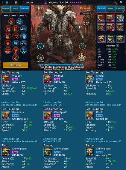 Raid Shadow Legends Khoronar Artifacts and Stats Reference for PvE and PvP.