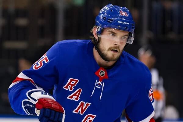 New York Rangers Defenseman Ryan Lindgren (55) is pictured during the first period of the National Hockey League game between the Dallas Stars and the New York Rangers on January 7, 2025 at Madison Square Garden in New York, NY.