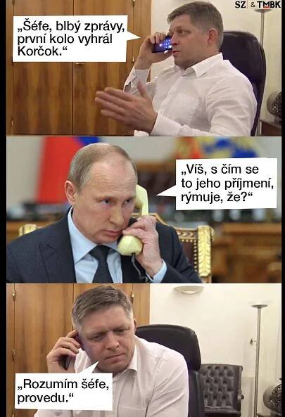 První kolo prezidentských voleb vyhrál Korčok s náskokem, který nikdo nepředpokládal. Pellegriniho to musí trochu děsit, o to víc jeho „pohlavára“ Fica, který se musí zodpovídat Kremlu. Koláž TMBK pro Seznam Zprávy.