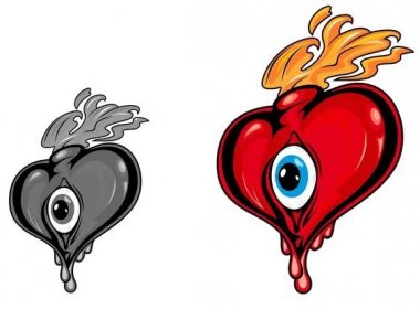 Retro kreslený srdce s okem a oheň — Ilustrace