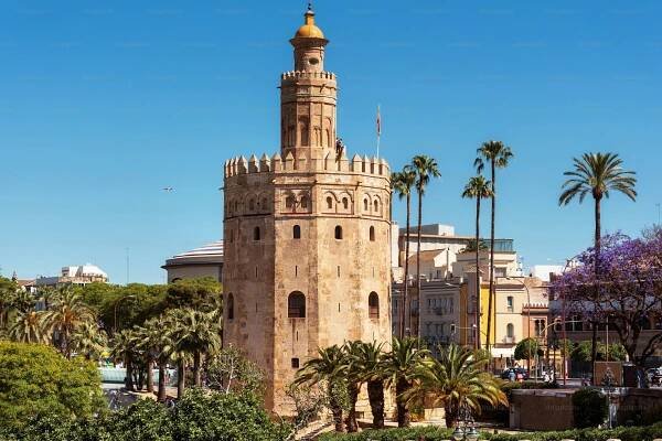 Torre del Oro Gold Tower medieval landmark from early 13th century in Seville, Spain, Andalusia region .
