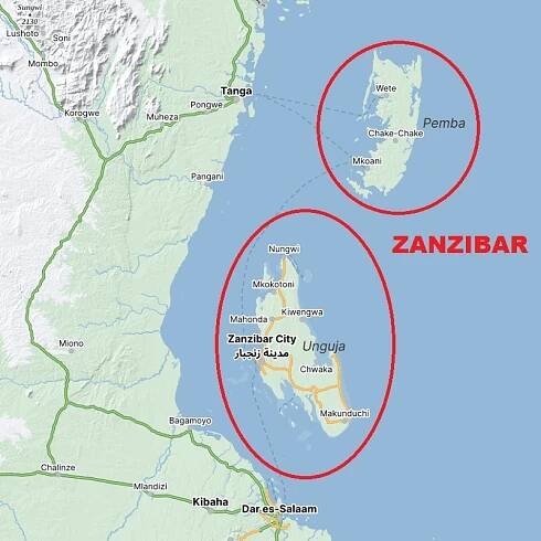 mapa s vyznačením ostrovů Unguja a Pemba jako souostroví Zanzibar