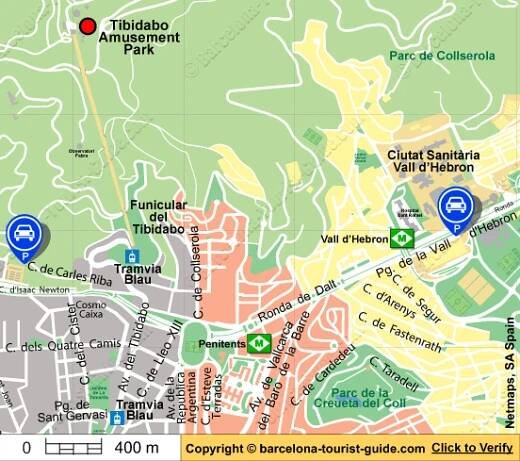 Mapa zobrazující parkoviště v blízkosti zábavního parku Tibidabo v Barceloně, Španělsko. Kliknutím na modré popisky parkovišť se dostanete na stránku s podrobnými informacemi o daném parkovišti.