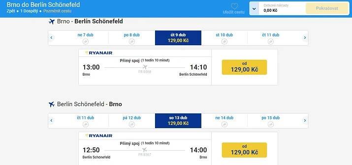 Ceny letenek mezi Brnem a Berlínem. Foto: Ryanair