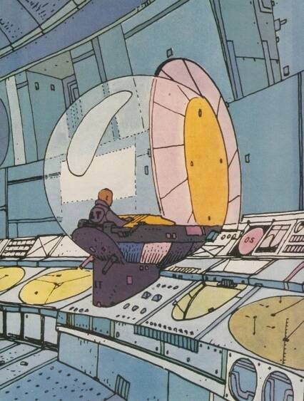 a man sitting on top of a machine in a room filled with lots of machines